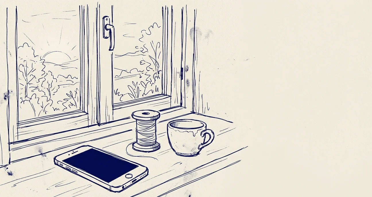 A windowsill at Monday dawn, a phone face-up, a wooden spool of thread